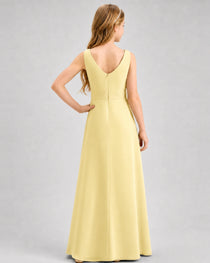 Daffodil Junior Bridesmaid Dress Pleated Bodice Ruffle Slit Chiffon Floor-Length Gown Back View