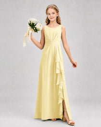 Daffodil Junior Bridesmaid Dress Pleated Bodice Ruffle Slit Chiffon Floor-Length Gown Front View