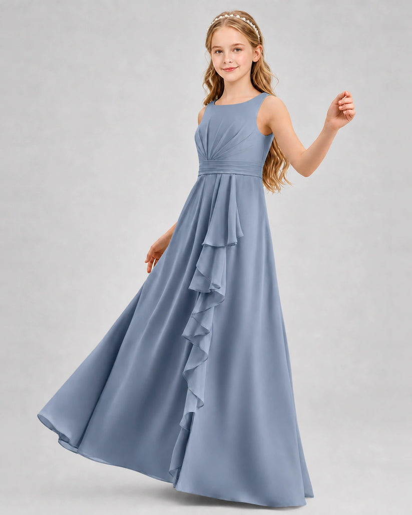 Dusty Blue Chiffon A-line Junior Bridesmaid Dress Front View