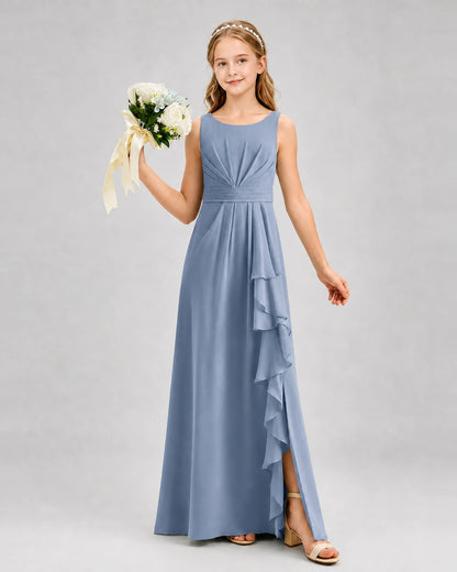 Dusty Blue Junior Bridesmaid Dress Pleated Bodice Ruffle Slit Chiffon Floor-Length Gown Front View
