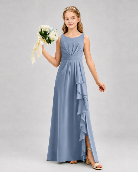 Dusty Blue Chiffon A-line Junior Bridesmaid Dress Front View