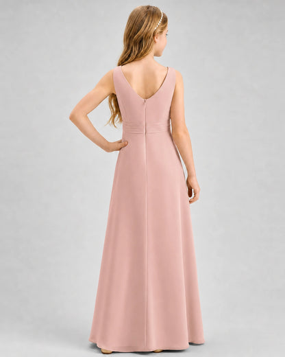 Dusty Rose Junior Bridesmaid Dress Pleated Bodice Ruffle Slit Chiffon Floor-Length Gown Back View