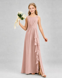 Dusty Rose Junior Bridesmaid Dress Pleated Bodice Ruffle Slit Chiffon Floor-Length Gown Front View