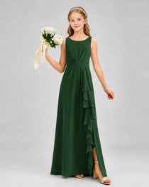 Emerald Green Junior Bridesmaid Dress Pleated Bodice Ruffle Slit Chiffon Floor-Length Gown Front View