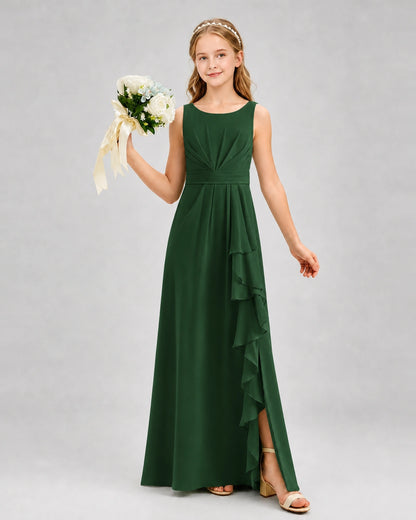 Emerald Green Junior Bridesmaid Dress Pleated Bodice Ruffle Slit Chiffon Floor-Length Gown Front View