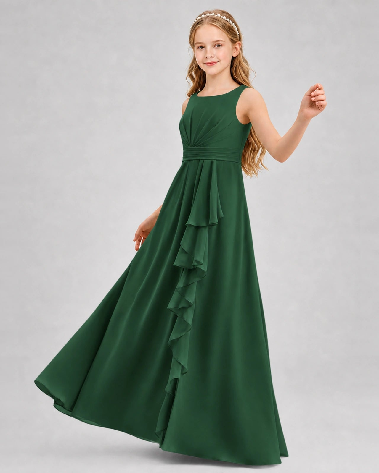 Emerald Green Junior Bridesmaid Dress Pleated Bodice Ruffle Slit Chiffon Floor-Length Gown Front View