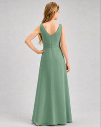 Eucalyptus Junior Bridesmaid Dress Pleated Bodice Ruffle Slit Chiffon Floor-Length Gown Back View