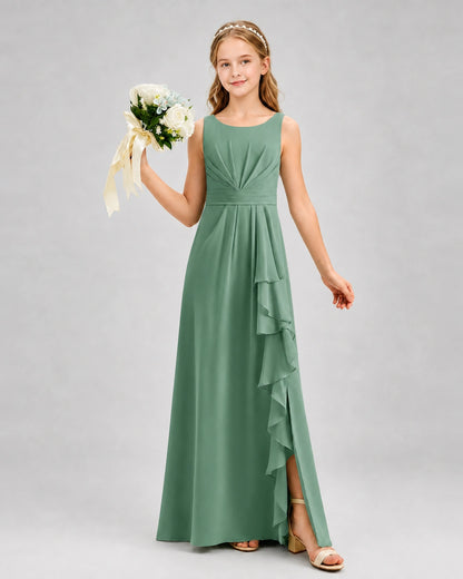Eucalyptus Junior Bridesmaid Dress Pleated Bodice Ruffle Slit Chiffon Floor-Length Gown Front View