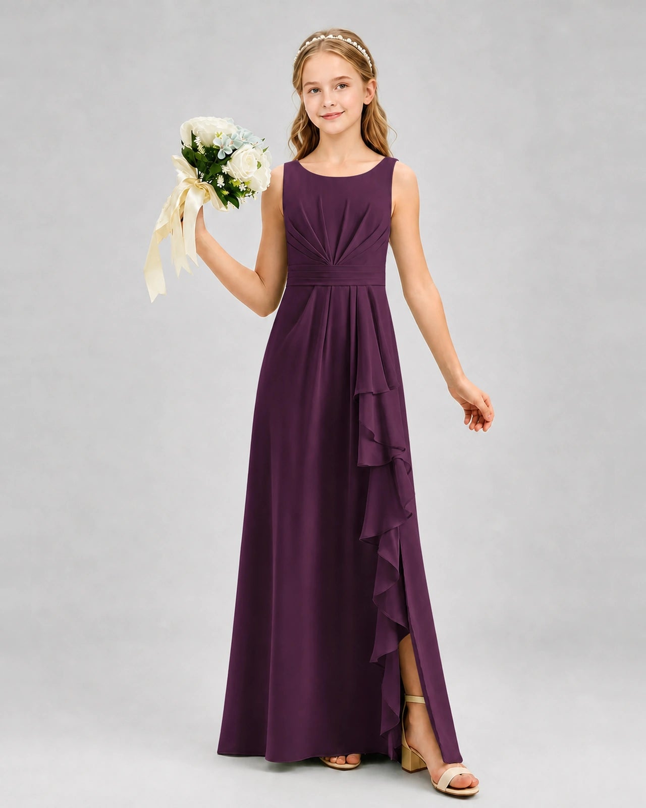 Grape Junior Bridesmaid Dress Pleated Bodice Ruffle Slit Chiffon Floor-Length Gown Front View