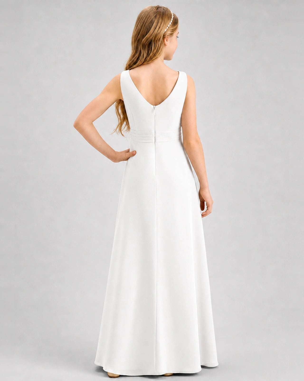 Ivory Junior Bridesmaid Dress Pleated Bodice Ruffle Slit Chiffon Floor-Length Gown Back View