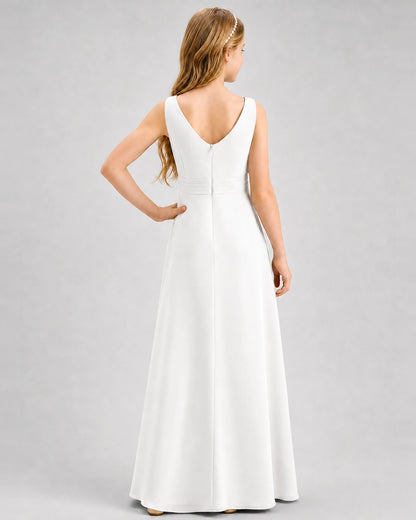 Ivory Junior Bridesmaid Dress Pleated Bodice Ruffle Slit Chiffon Floor-Length Gown Back View