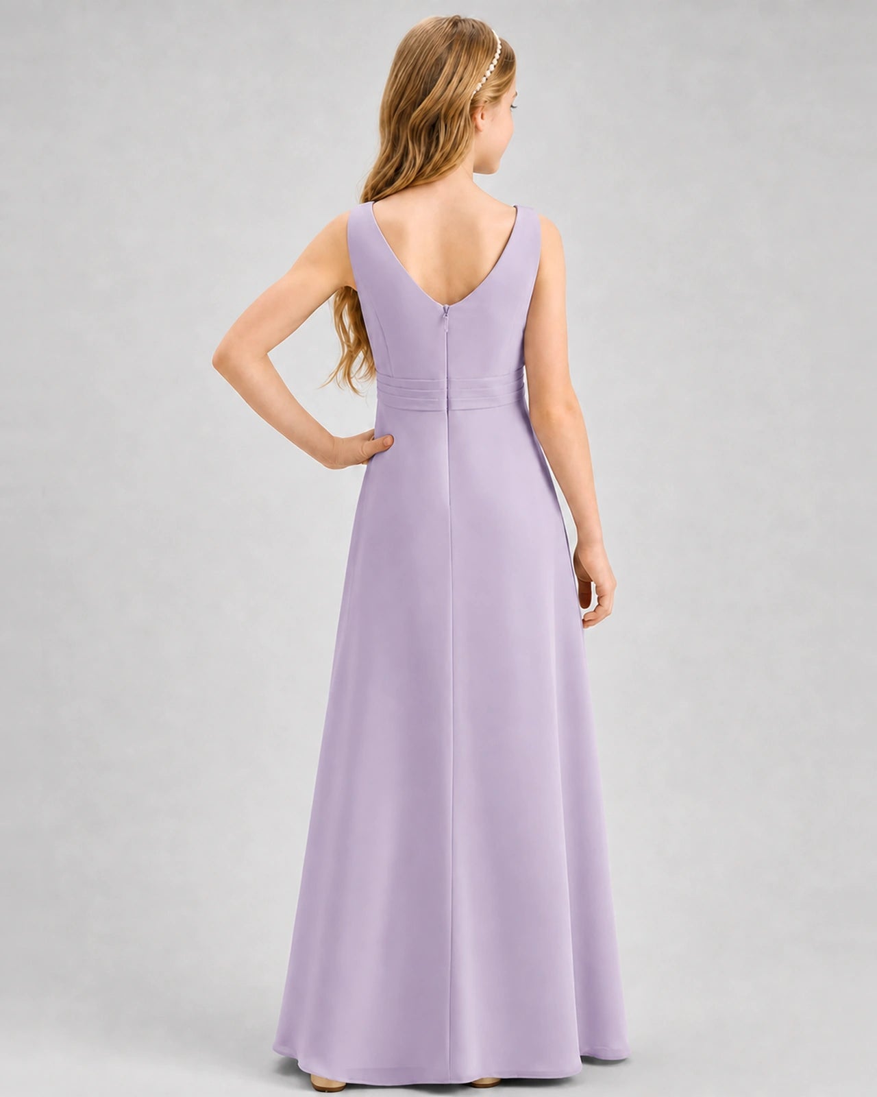 Lavender Junior Bridesmaid Dress Pleated Bodice Ruffle Slit Chiffon Floor-Length Gown Back View