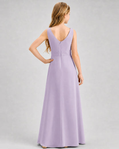 Lavender Junior Bridesmaid Dress Pleated Bodice Ruffle Slit Chiffon Floor-Length Gown Back View