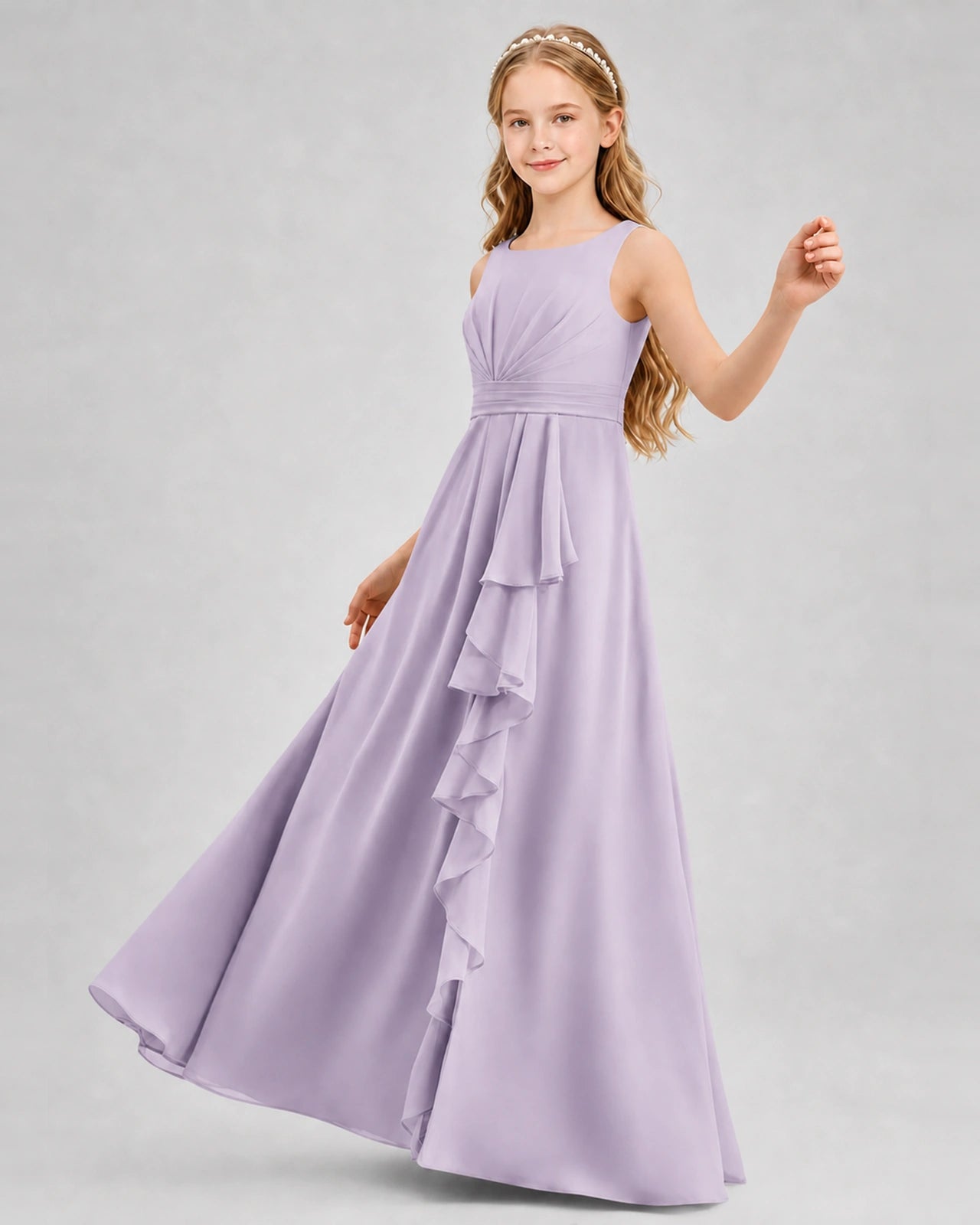 Lavender Junior Bridesmaid Dress Pleated Bodice Ruffle Slit Chiffon Floor-Length Gown Front View