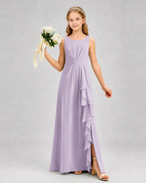 Lavender Junior Bridesmaid Dress Pleated Bodice Ruffle Slit Chiffon Floor-Length Gown Front View