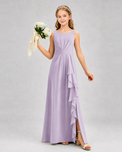 Lavender Junior Bridesmaid Dress Pleated Bodice Ruffle Slit Chiffon Floor-Length Gown Front View