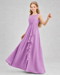 Lilac Junior Bridesmaid Dress Pleated Bodice Ruffle Slit Chiffon Floor-Length Gown Front View