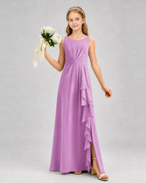 Lilac Junior Bridesmaid Dress Pleated Bodice Ruffle Slit Chiffon Floor-Length Gown Front View