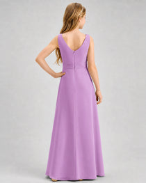 Lilac Junior Bridesmaid Dress Pleated Bodice Ruffle Slit Chiffon Floor-Length Gown Back View