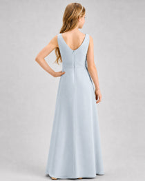 Mist Junior Bridesmaid Dress Pleated Bodice Ruffle Slit Chiffon Floor-Length Gown Back View