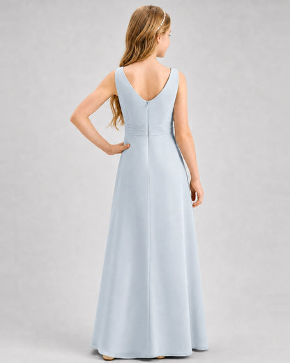 Mist Junior Bridesmaid Dress Pleated Bodice Ruffle Slit Chiffon Floor-Length Gown Back View