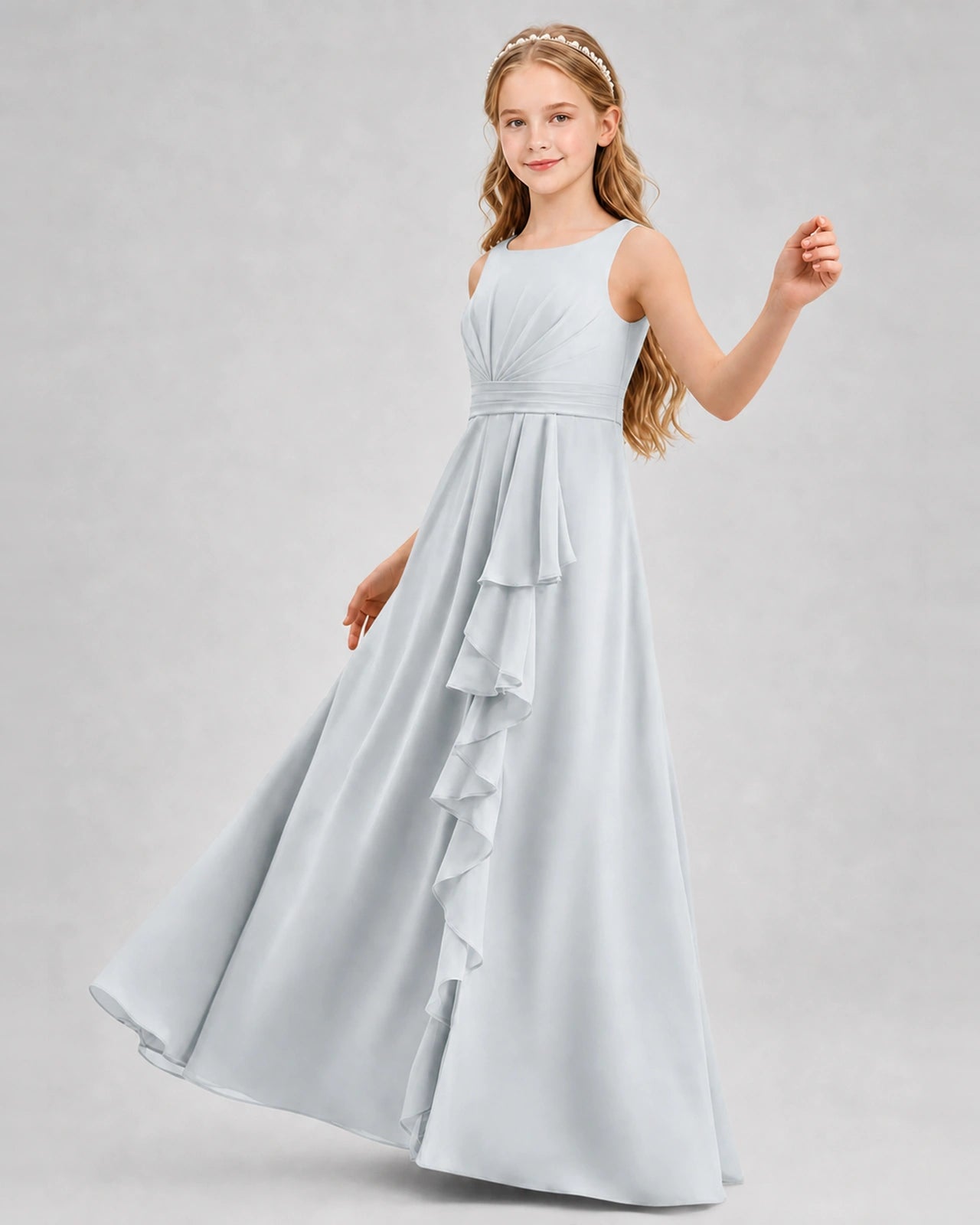 Mist Junior Bridesmaid Dress Pleated Bodice Ruffle Slit Chiffon Floor-Length Gown Front View