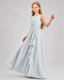 Mist Junior Bridesmaid Dress Pleated Bodice Ruffle Slit Chiffon Floor-Length Gown Front View