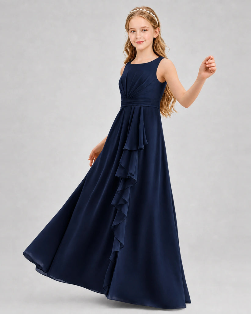 Navy Blue Chiffon A-line Junior Bridesmaid Dress Front View