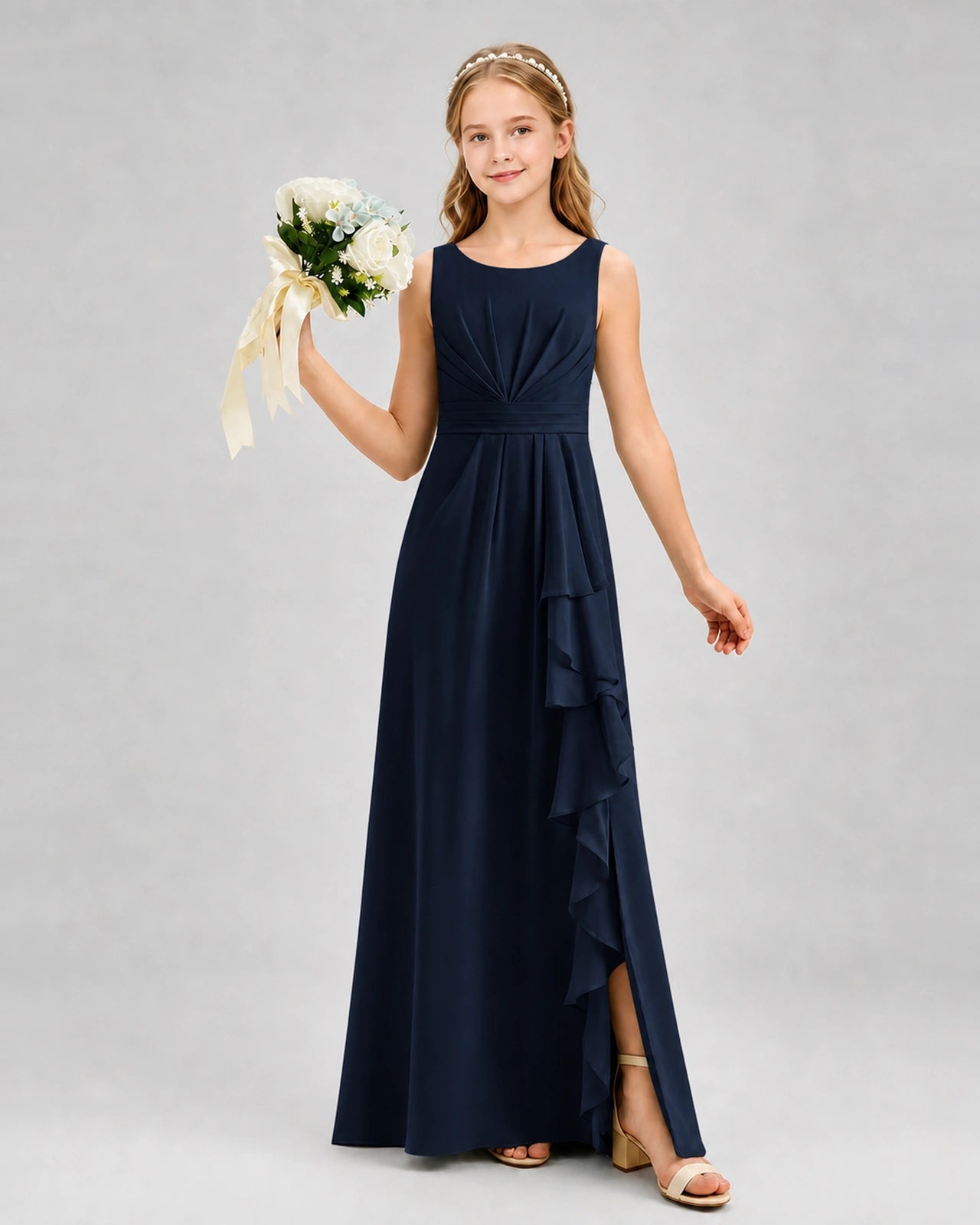 Navy Blue Junior Bridesmaid Dress Pleated Bodice Ruffle Slit Chiffon Floor-Length Gown Front View