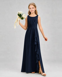 Navy Blue Junior Bridesmaid Dress Pleated Bodice Ruffle Slit Chiffon Floor-Length Gown Front View