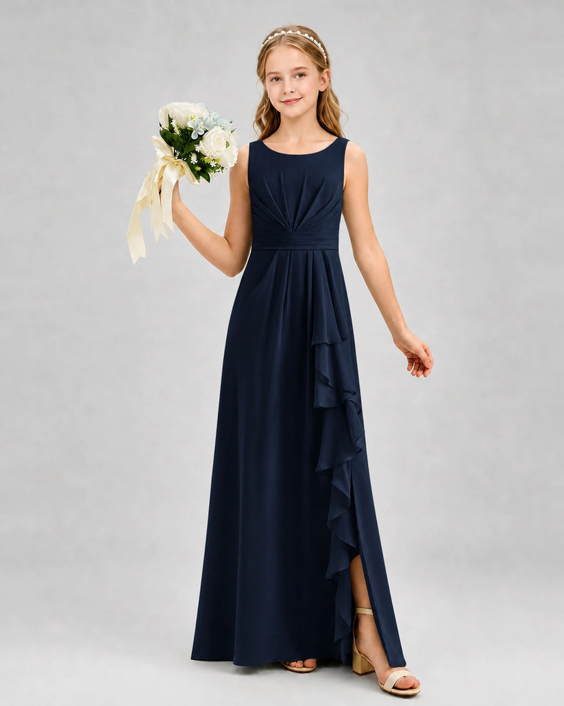 Navy Blue Chiffon A-line Junior Bridesmaid Dress Front View