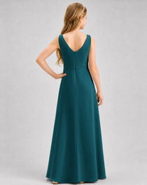 Peacock Junior Bridesmaid Dress Pleated Bodice Ruffle Slit Chiffon Floor-Length Gown Back View