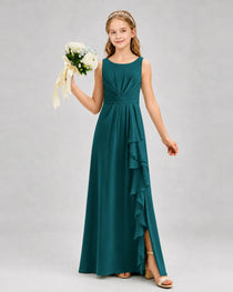 Peacock Junior Bridesmaid Dress Pleated Bodice Ruffle Slit Chiffon Floor-Length Gown Front View