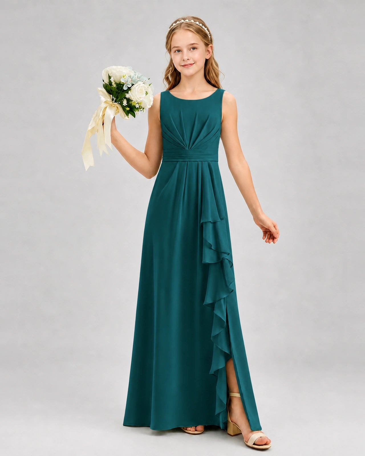Peacock Junior Bridesmaid Dress Pleated Bodice Ruffle Slit Chiffon Floor-Length Gown Front View