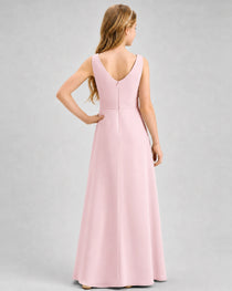Pink Junior Bridesmaid Dress Pleated Bodice Ruffle Slit Chiffon Floor-Length Gown Back View