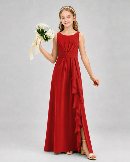 Red Junior Bridesmaid Dress Pleated Bodice Ruffle Slit Chiffon Floor-Length Gown Front View