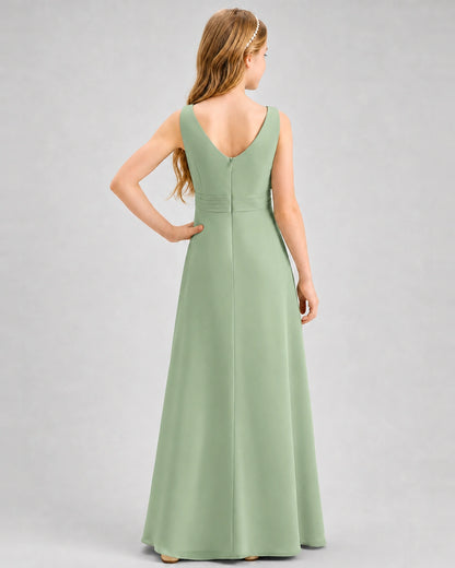 Sage Green Junior Bridesmaid Dress Pleated Bodice Ruffle Slit Chiffon Floor-Length Gown Back View