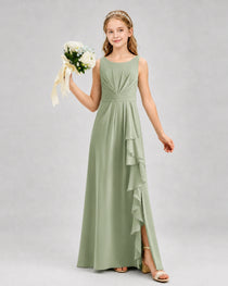 Sage Green Junior Bridesmaid Dress Pleated Bodice Ruffle Slit Chiffon Floor-Length Gown Front View
