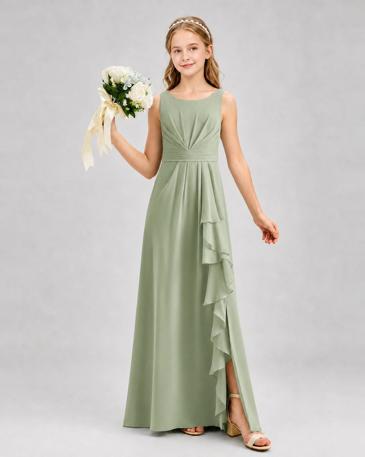 Sage Green Junior Bridesmaid Dress Pleated Bodice Ruffle Slit Chiffon Floor-Length Gown Front View