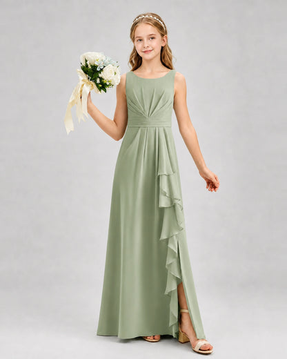 Sage Green Junior Bridesmaid Dress Pleated Bodice Ruffle Slit Chiffon Floor-Length Gown Front View