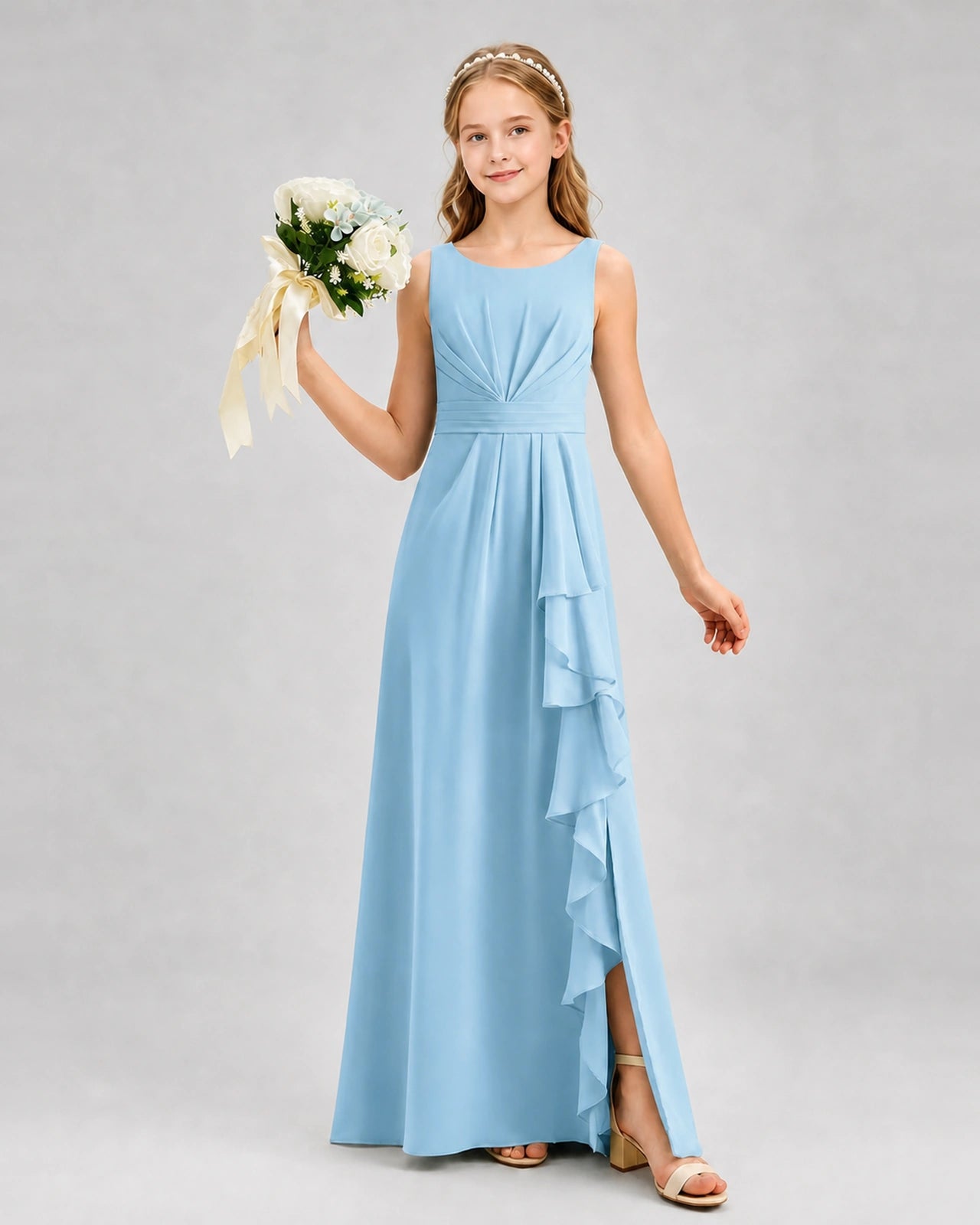 Sky Blue Junior Bridesmaid Dress Pleated Bodice Ruffle Slit Chiffon Floor-Length Gown Front View