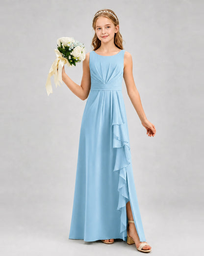 Sky Blue Junior Bridesmaid Dress Pleated Bodice Ruffle Slit Chiffon Floor-Length Gown Front View