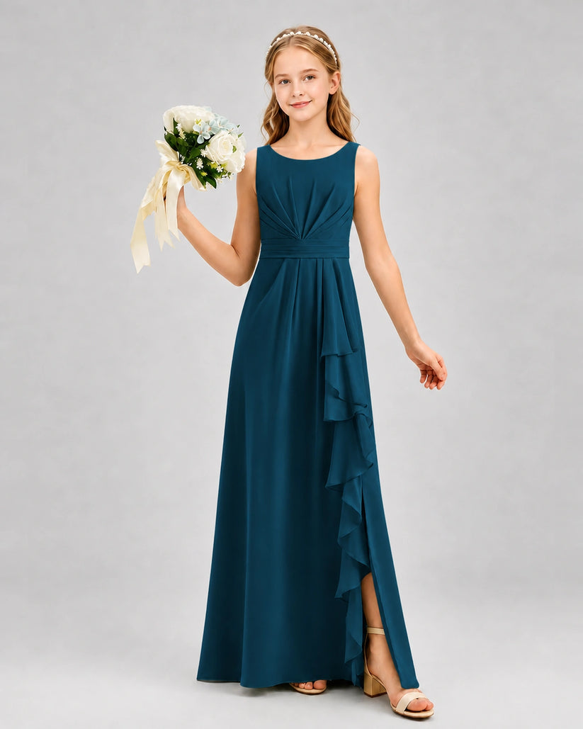 Teal Chiffon A-line Junior Bridesmaid Dress Front View