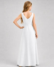 White Junior Bridesmaid Dress Pleated Bodice Ruffle Slit Chiffon Floor-Length Gown Back View