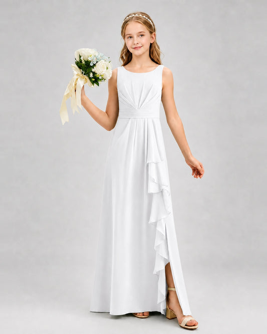 White Chiffon A-line Junior Bridesmaid Dress Front View