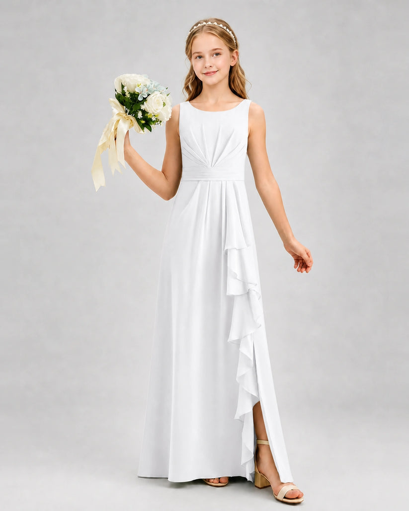 White Chiffon A-line Junior Bridesmaid Dress Front View