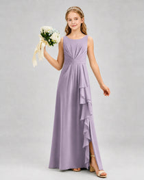 Wisteria Junior Bridesmaid Dress Pleated Bodice Ruffle Slit Chiffon Floor-Length Gown Front View