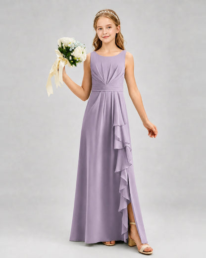 Wisteria Junior Bridesmaid Dress Pleated Bodice Ruffle Slit Chiffon Floor-Length Gown Front View