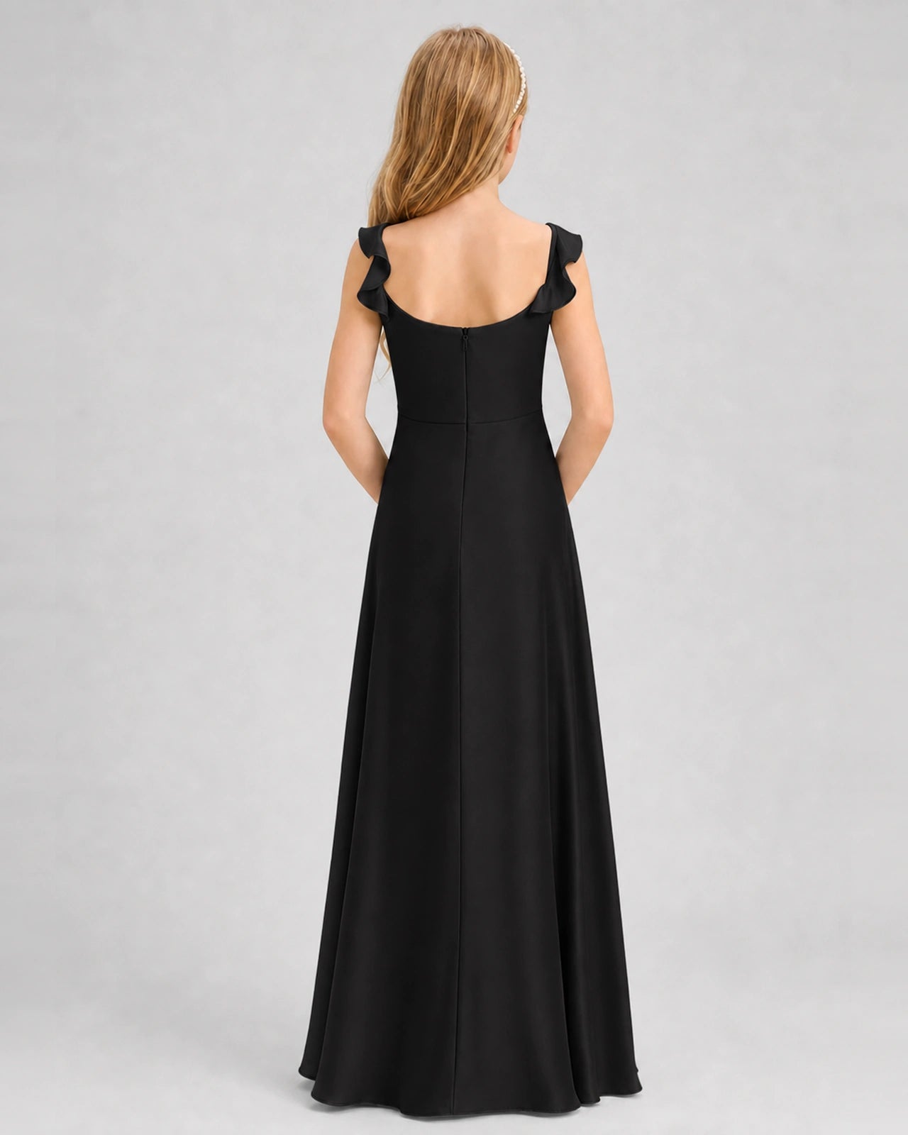 Black Junior Bridesmaid Dress Tie-Shoulder Flowy Chiffon Floor-Length Gown Back View