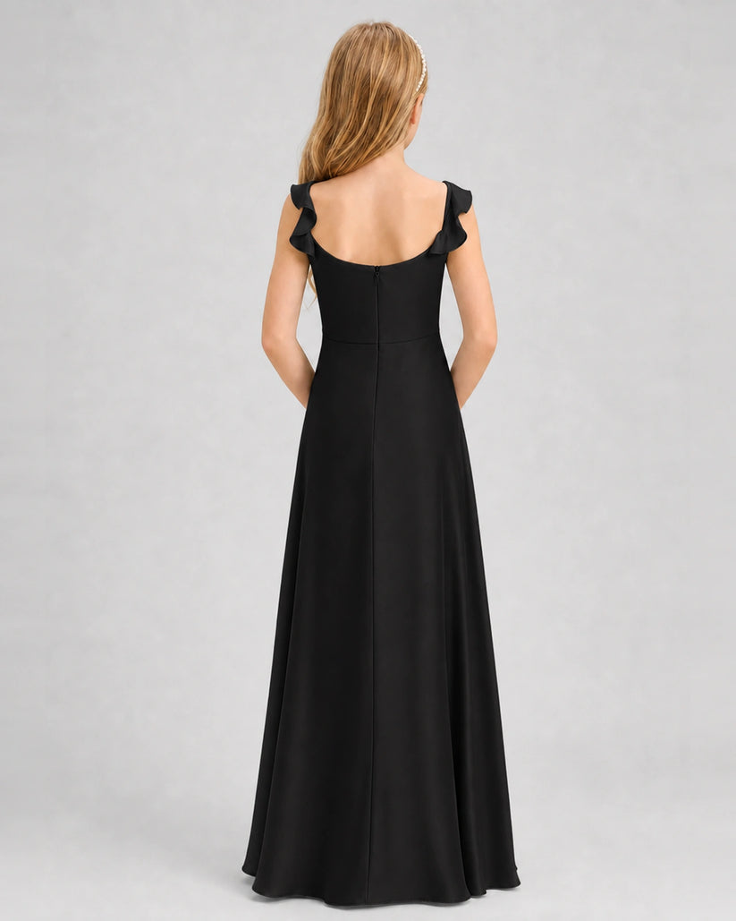 Black Satin A-line Junior Bridesmaid Dress Back View